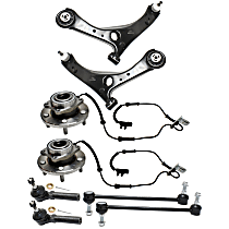 Front, Driver and Passenger Side, Lower Control Arm Kit, includes Sway Bar Links, Tie Rod Ends, and Wheel Hubs