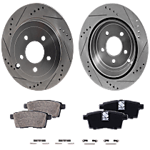 Rear Brake Disc and Pad Kit, Cross-drilled and Slotted, 2-Wheel Set, 5 Lugs, Ceramic Pad Material