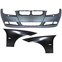 3-Piece Kit Front Primed Bumper Cover, 4-Door For Models Without M Package, Sedan,  Includes (1) Bumper Cover and (2) Fender