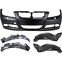 5-Piece Kit Front Primed Bumper Cover,  For Models Without M Package, Sedan,  Includes (1) Bumper Cover and (4) Fender Liner