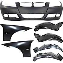 7-Piece Kit Front Primed Bumper Cover, 4-Door For Models Without M Package, Sedan,  Includes (1) Bumper Cover, (2) Fender, and (4) Fender Liner