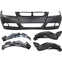 5-Piece Kit Front Primed Bumper Cover,  For Models Without M Package, Sedan,  Includes (1) Bumper Cover and (4) Fender Liner
