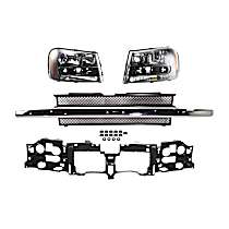4-Piece Kit Driver and Passenger Side Halogen Headlight, With bulb(s), With Full Width Grille Bar, OE Replacement, Includes (2) Headlight, (1) Header Panel and (1) Grille Assembly