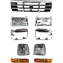 9-Piece Kit Grille, Chrome Shell with Painted Gray Insert, Below Headlamp,  Includes (2) Corner Light, (1) Grille, (2) Headlight, (2) Headlight Door, and (2) Turn Signal Light