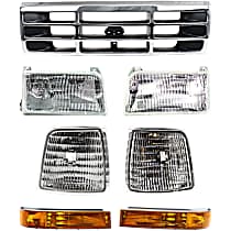 7-Piece Kit, Grille Chrome Shell with Painted Gray Insert, Below Headlamp, Includes (2) Corner Light, (1) Grille, (2) Headlight, and (2) Turn Signal Light
