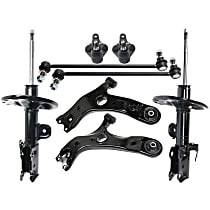 Front, Driver and Passenger Side, Lower Control Arm Kit, Front Wheel Drive, includes Ball Joints, Shock Absorber and Strut Assembly, and Sway Bar Links