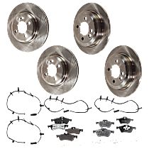 12-Piece Kit Front and Rear Brake Disc and Pad Kit, Plain Surface, 4 Lugs, Semi-metallic, For Models Without John Cooper Works Brakes, 1.6L 4Cyl,  Includes (4) Brake Disc, (4) Brake Pad Sensor, and (2) Brake Pad Set