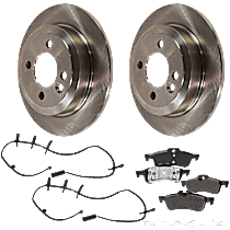 6-Piece Kit Rear Brake Disc and Pad Kit, Plain Surface, 4 Lugs, Semi-metallic, For Models Without John Cooper Works Brakes, 1.6L 4Cyl,  Includes (2) Brake Disc, (2) Brake Pad Sensor, and (1) Brake Pad Set