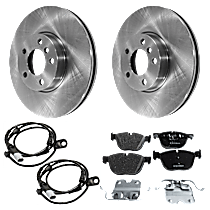 6-Piece Kit Front Brake Disc and Pad Kit, Plain Surface, 5 Lugs, Organic, 3.0L 6Cyl,  Includes (2) Brake Disc, (2) Brake Pad Sensor and (1) Brake Pad Set