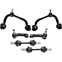 6-Piece Kit Front, Driver and Passenger Side, Upper Control Arm Kit, includes (2) Control Arm, (2) Sway Bar Link, and (2) Tie Rod End