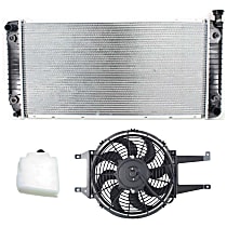 3-Piece Kit Radiator, Measures 34 inches between tanks, Old Body Style, 8 Cyl 5.7L, includes (1) Radiator, (1) Cooling Fan Assembly, and (1) Coolant Reservoir
