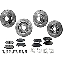 8-Piece Kit Front and Rear Brake Disc and Pad Kit, Cross-drilled and Slotted, 5 Lugs, Front-Ceramic/Rear-Organic, 1.8L 4Cyl, Pro-Line Series  Includes (4) Brake Disc and (2) Brake Pad Set