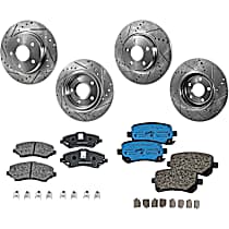 8-Piece Kit Front and Rear Brake Disc and Pad Kit, Cross-drilled and Slotted, 5 Lugs, Front-Semi-Metallic/Rear-Ceramic, 302mm Front & 305mm Rear Disc, To 03/23/2012, 3.6L 6Cyl, Pro-Line Series  Includes (4) Brake Disc and (2) Brake Pad Se