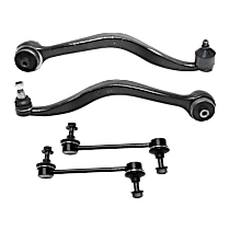 4-Piece Kit Front, Driver and Passenger Side, Lower, Rearward Control Arm, includes (2) Control Arm and (2) Sway Bar Link