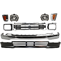 9-Piece Kit, Front Bumper, Four Wheel Drive, Chrome, Includes (1) Bumper, (2) Corner Light, (1) Grille, (2) Headlight, (2) Headlight Door, and (1) Valance