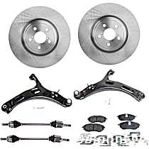 8-Piece Kit Front, Driver and Passenger Side Axle Assembly, Supplied with Standard Neoprene Outboard Boot, Turbocharged, New, includes (2) Axle Assembly, (2) Brake Disc, (1) Brake Pad Set, and (2) Control Arm