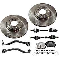 8-Piece Kit Front, Driver and Passenger Side Axle Assembly, New, includes (2) Axle Assembly, (2) Brake Disc, (1) Brake Pad Set, and (2) Control Arm