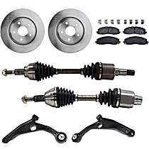 8-Piece Kit Front, Driver and Passenger Side Axle Assembly, All Wheel Drive, New, AWD, 3.6L 6Cyl  Includes (2) Axle Assembly, (2) Brake Disc, (1) Brake Pad Set, and (2) Control Arm