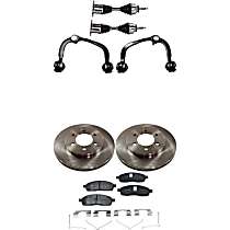 8-Piece Kit Front, Driver and Passenger Side Axle Assembly, Supplied with Standard Neoprene Outboard Boot, New, includes (2) Axle Assembly, (2) Brake Disc, (1) Brake Pad Set, and (2) Control Arm