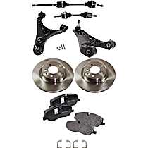 8-Piece Kit Front, Driver and Passenger Side Axle Assembly, New, includes (2) Axle Assembly, (2) Brake Disc, (1) Brake Pad Set, and (2) Control Arm