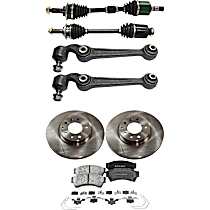 8-Piece Kit Front, Driver and Passenger Side Axle Assembly, Front Wheel Drive, New, includes (2) Axle Assembly, (2) Brake Disc, (1) Brake Pad Set, and (2) Control Arm