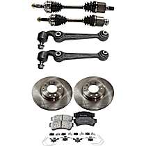 8-Piece Kit Front, Driver and Passenger Side Axle Assembly, Front Wheel Drive, New, includes (2) Axle Assembly, (2) Brake Disc, (1) Brake Pad Set, and (2) Control Arm