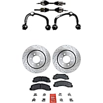 7-Piece Kit Front, Driver and Passenger Side Axle Assembly, Four Wheel Drive, Supplied with Standard Neoprene Outboard Boot, New, includes (2) Axle Assembly, (2) Brake Disc, (1) Brake Pad Set, and (2) Control Arm