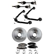 8-Piece Kit Front, Driver and Passenger Side Axle Assembly, Four Wheel Drive, With Rear Drum Brake, Classic GMT 800, New, includes (2) Axle Assembly, (2) Brake Disc, (1) Brake Pad Set, and (2) Control Arm