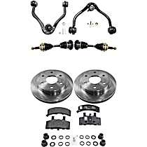 8-Piece Kit Front, Driver and Passenger Side Axle Assembly, Four Wheel Drive, For Models With 7,200 Lbs. Gross Vehicle Weight, New, includes (2) Axle Assembly, (2) Brake Disc, (1) Brake Pad Set, and (2) Control Arm