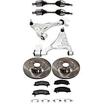 8-Piece Kit Front, Driver and Passenger Side Axle Assembly, With Heavy Duty Suspension (FE7), New, Sedan, includes (2) Axle Assembly, (2) Brake Disc, (1) Brake Pad Set, and (2) Control Arm