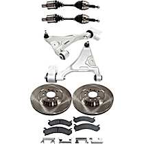 8-Piece Kit Front, Driver and Passenger Side Axle Assembly, With Heavy Duty Suspension (FE7), New, Sedan, includes (2) Axle Assembly, (2) Brake Disc, (1) Brake Pad Set, and (2) Control Arm
