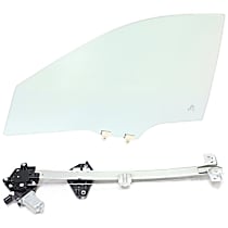 2-Piece Kit Front, Driver Side Door Glass, Green Tint, FD23272 GTYN, includes (1) Door Glass and (1) Window Regulator