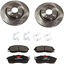 4-Piece Kit Front Brake Disc and Pad Kit, Plain Surface, 5 Lugs, 295.4 mm, Ceramic, Nismo, 1.6L 4Cyl, Premium Friction Series  Includes (2) Brake Disc and (1) Brake Pad Set
