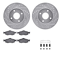 Front Brake Disc and Pad Kit, Cross-drilled and Slotted, Ceramic, With Rear Disc; Standard Rear Pads and Hardware, Upgraded Rear Pads and Hardware, Without Front Sensors; Rear Drum Brakes, R1 eLINE Silver Rotors with European Ceramic Pads Series
