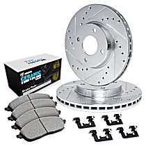 Rear Brake Disc and Pad Kit, Cross-drilled and Slotted, Ceramic, With Rear Disc; Standard Rear Pads and Hardware, With or Without Front Sensors, R1 eLINE Silver Rotors with European Ceramic Pads Series