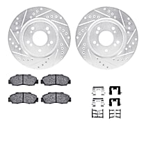 Front Brake Disc and Pad Kit, Cross-drilled and Slotted, Ceramic, R1 eLINE Silver Rotors with European Ceramic Pads Series