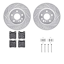 WGTH1-63041 Rear Brake Disc and Pad Kit, Cross-drilled and Slotted Ceramic R1 eLINE Silver Rotors with European Ceramic Pads Series