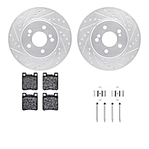 Rear Brake Disc and Pad Kit, Cross-drilled and Slotted, Ceramic, Vented Rear Rotors, R1 eLINE Silver Rotors with European Ceramic Pads Series
