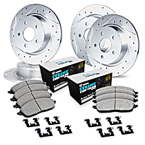 WGTH2-63007 Front and Rear Brake Disc and Pad Kit, Cross-drilled and Slotted Ceramic R1 eLINE Silver Rotors with European Ceramic Pads Series