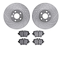 Front Brake Disc and Pad Kit, Cross-drilled and Slotted, Ceramic, S E ALL4, 1.5L 3Cyl, R1 eLINE Silver Rotors with European Ceramic Pads Series