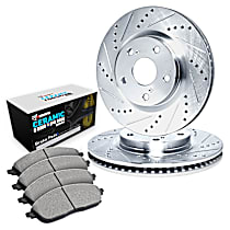 Front Brake Disc and Pad Kit, Cross-drilled and Slotted, Ceramic, Full Cast Replacement for Aluminum Hat Rotors, Standard Brakes, 2.0L 4Cyl, R1 eLINE Silver Rotors with European Ceramic Pads Series