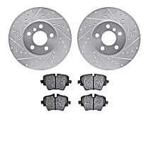 Front Brake Disc and Pad Kit, Cross-drilled and Slotted Ceramic R1 eLINE Silver Rotors with European Ceramic Pads Series