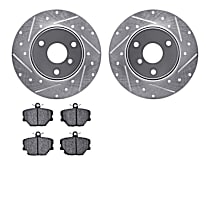Front Brake Disc and Pad Kit, Cross-drilled and Slotted, Ceramic, BATTERY EV (EV/BEV), R1 eLINE Silver Rotors with European Ceramic Pads Series