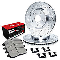 Rear Brake Disc and Pad Kit, Cross-drilled and Slotted, OE Replacement, BATTERY EV (EV/BEV); Mid Range, R1 eLINE Silver Rotors wtih Optimum OEp Pads Series