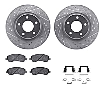 Front Brake Disc and Pad Kit, Cross-drilled and Slotted, OE Replacement, R1 eLINE Silver Rotors wtih Optimum OEp Pads Series