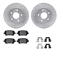 Rear Brake Disc and Pad Kit, Cross-drilled and Slotted, OE Replacement, R1 eLINE Silver Rotors wtih Optimum OEp Pads Series
