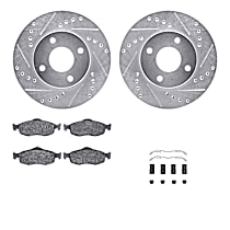 Front Brake Disc and Pad Kit, Cross-drilled and Slotted, OE Replacement, Standard Rear Pads and Hardware, Upgraded Rear Pads and Hardware, Without Front Sensors; Rear Drum Brakes, R1 eLINE Silver Rotors wtih Optimum OEp Pads Series