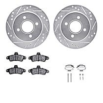 Rear Brake Disc and Pad Kit, Cross-drilled and Slotted, OE Replacement, With Rear Disc; Standard Rear Pads and Hardware, With or Without Front Sensors, R1 eLINE Silver Rotors wtih Optimum OEp Pads Series