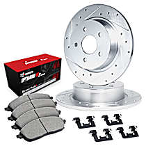 WGUH1-63010 Rear Brake Disc and Pad Kit, Cross-drilled and Slotted OE Replacement R1 eLINE Silver Rotors wtih Optimum OEp Pads Series