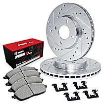 Front Brake Disc and Pad Kit, Cross-drilled and Slotted, OE Replacement, R1 eLINE Silver Rotors wtih Optimum OEp Pads Series